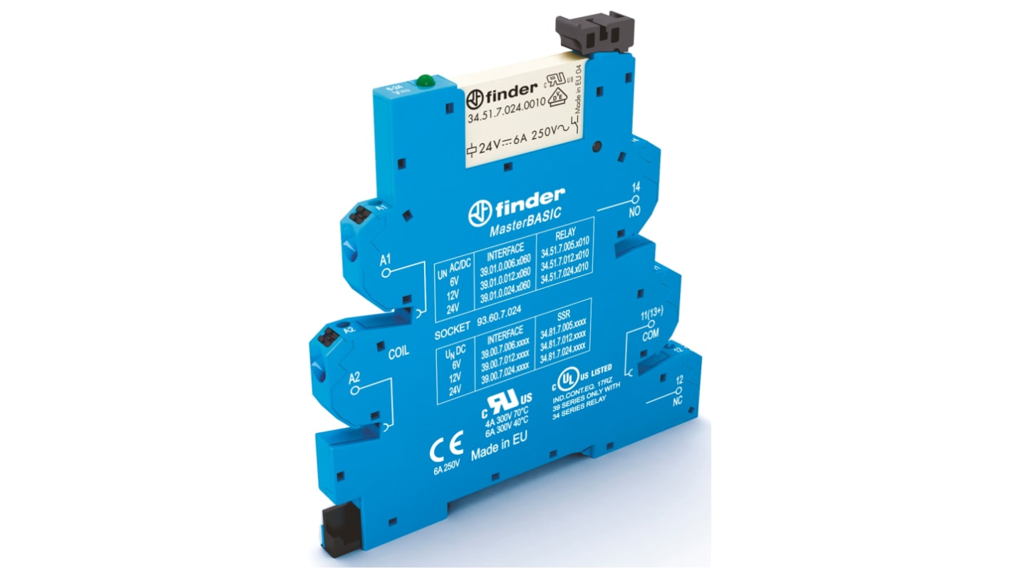 Finder 39 Series Interface Relais, 9.6V ac/dc / 13.2V ac/dc 12V ac/dc, 1-poliger Wechsler DIN-Schienen 250 →