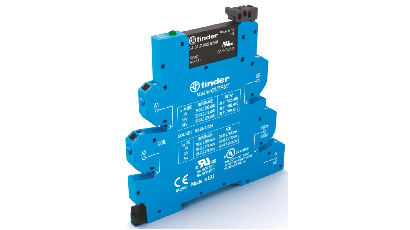 Finder Series 39 serien Solid state-interfacerelæ, 6,6 V styrespænding, 6 A udgangsstrøm, DIN-skinne monteret