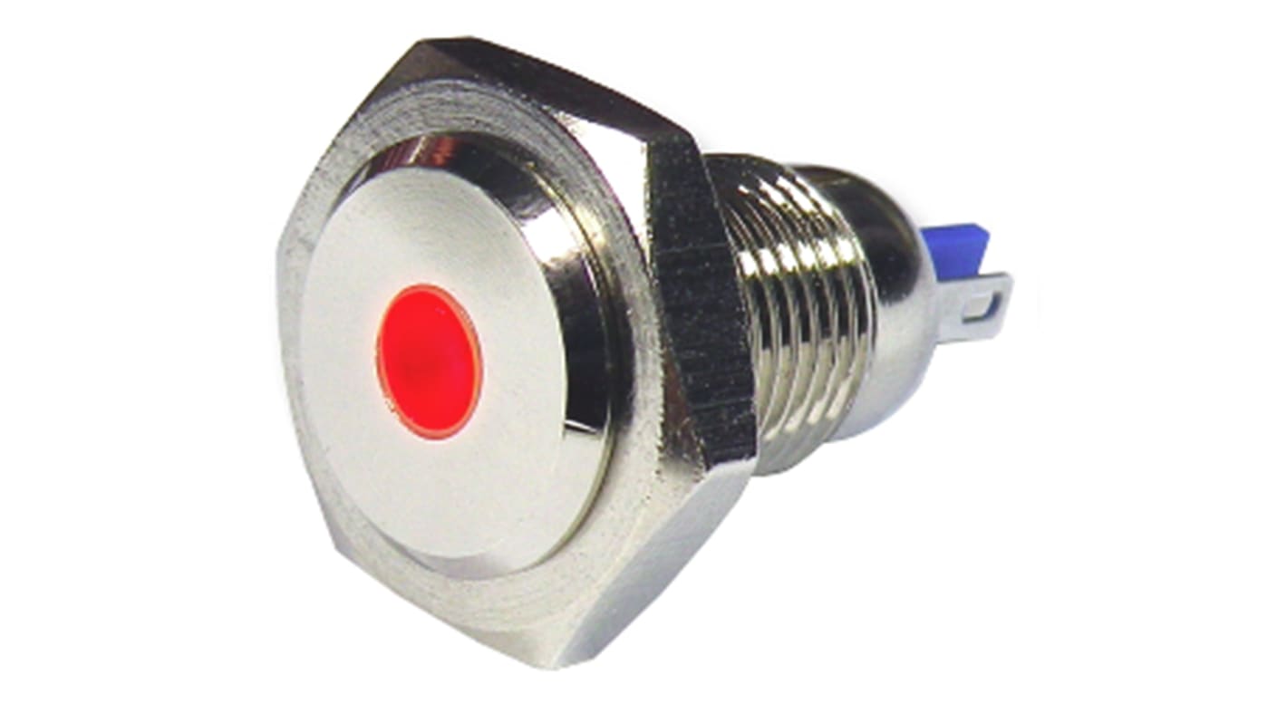 Indikátor pro montáž do panelu 12mm Prominentní barva Červená, typ žárovky: LED Olověné dráty, 24V RS PRO