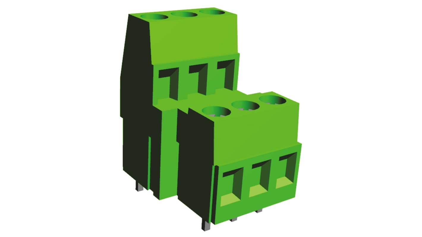 Borne para PCB Hembra TE Connectivity de 3 vías en 2 filas, paso 2.5mm, 17.5A, de color Verde, montaje Montaje en