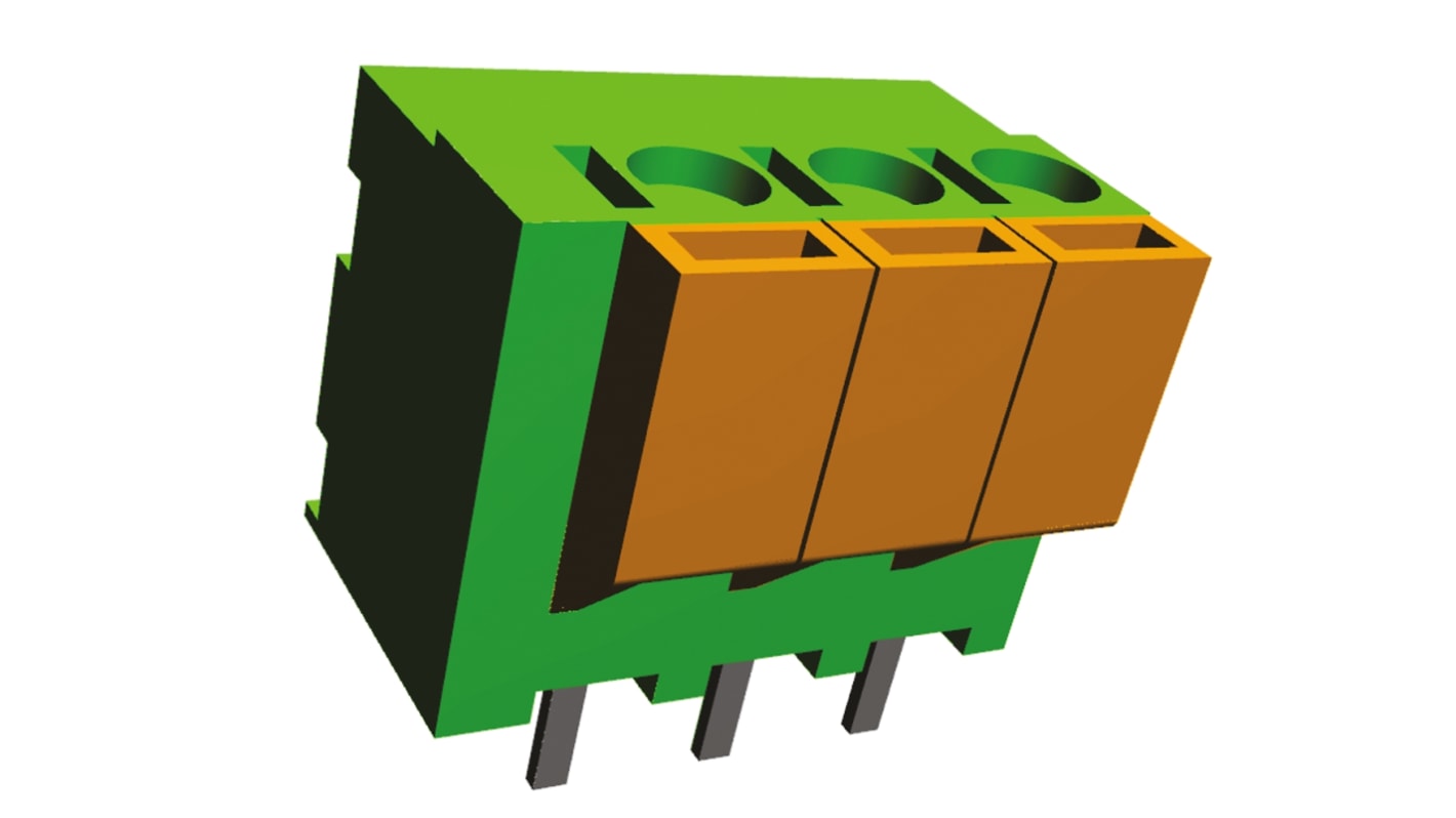 Bloque de terminal PCB Hembra Ángulo recto TE Connectivity de 3 vías, paso 5.08mm, 10A, de color Verde, montaje en