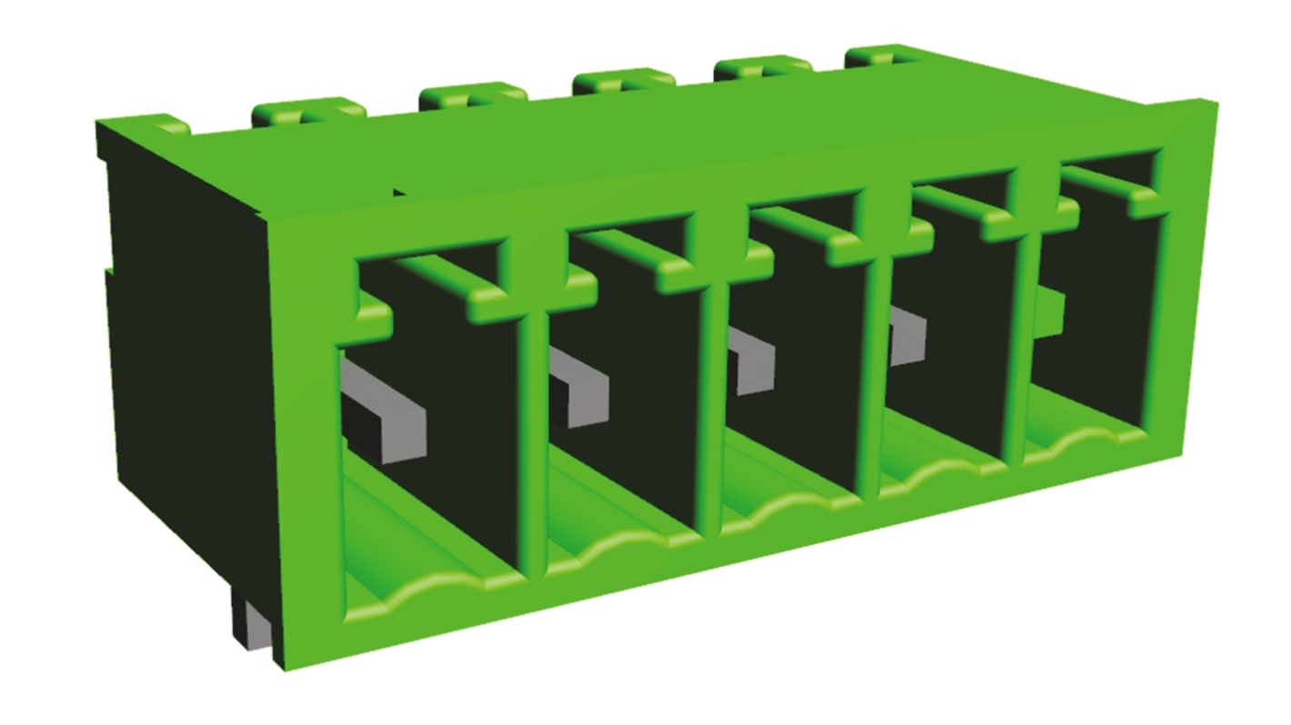 Borne enchufable para PCB Ángulo recto TE Connectivity de 5 vías , paso 3.5mm, 11A, de color Verde, montaje en panel,