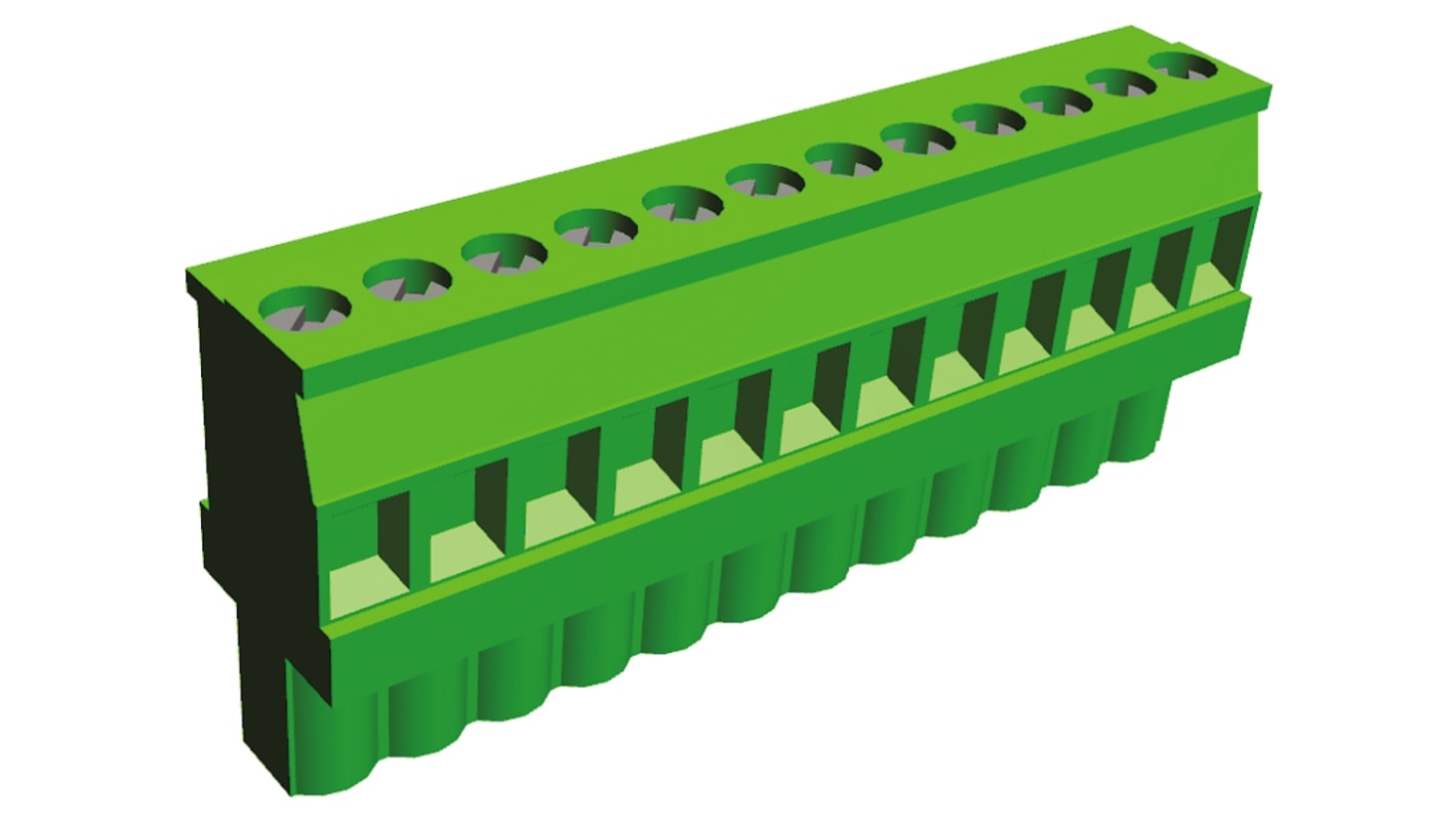 Borne enchufable para PCB Ángulo recto TE Connectivity de 12 vías , paso 5.08mm, 15A, de color Verde, montaje en panel,