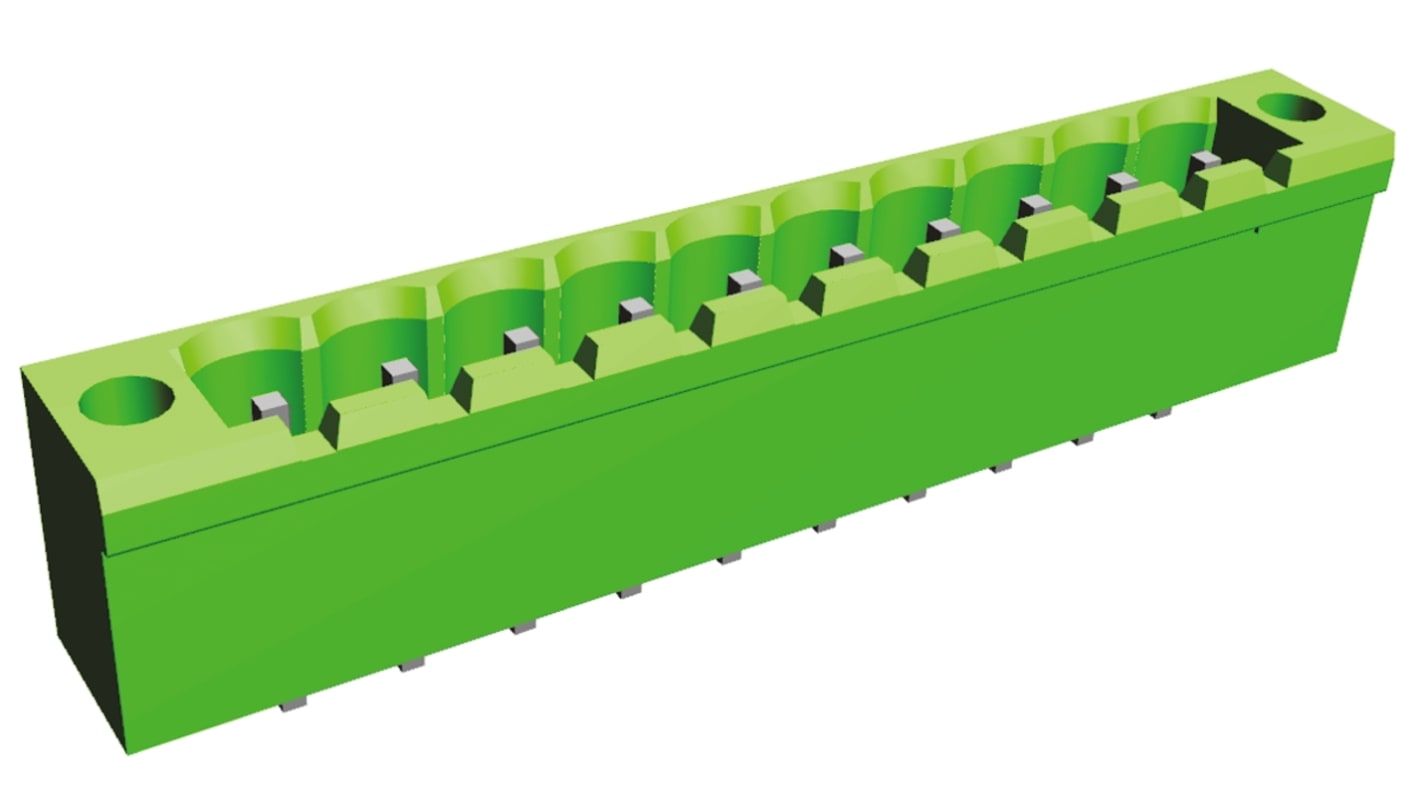 Borne enchufable para PCB Ángulo recto TE Connectivity de 10 vías , paso 5.08mm, 15A, de color Verde, montaje en panel,