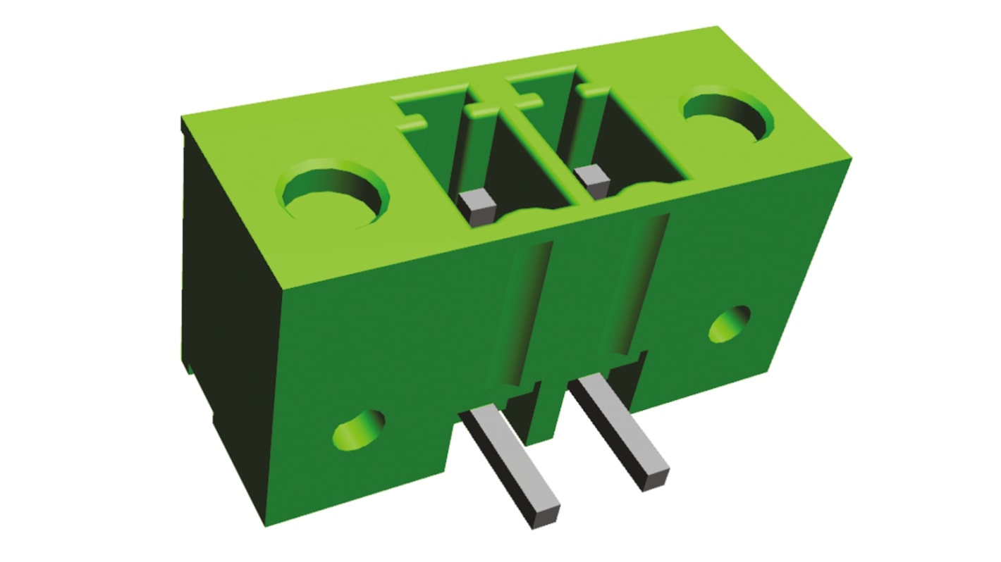Borne enchufable para PCB Ángulo recto TE Connectivity de 2 vías , paso 3.81mm, 11A, de color Verde, montaje en panel,