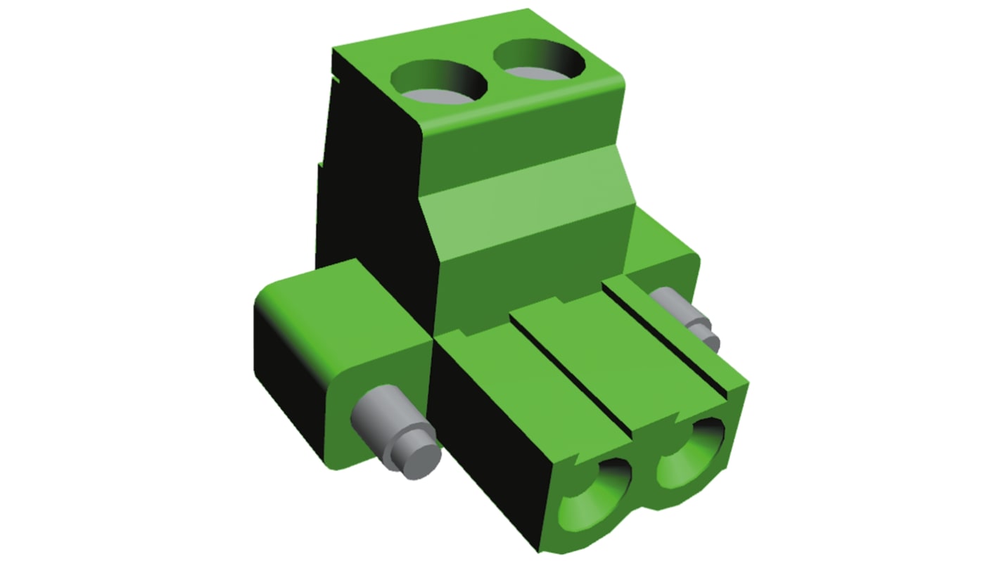 Borne enchufable para PCB Ángulo recto TE Connectivity de 2 vías , paso 5mm, 15A, de color Verde, montaje Montaje en