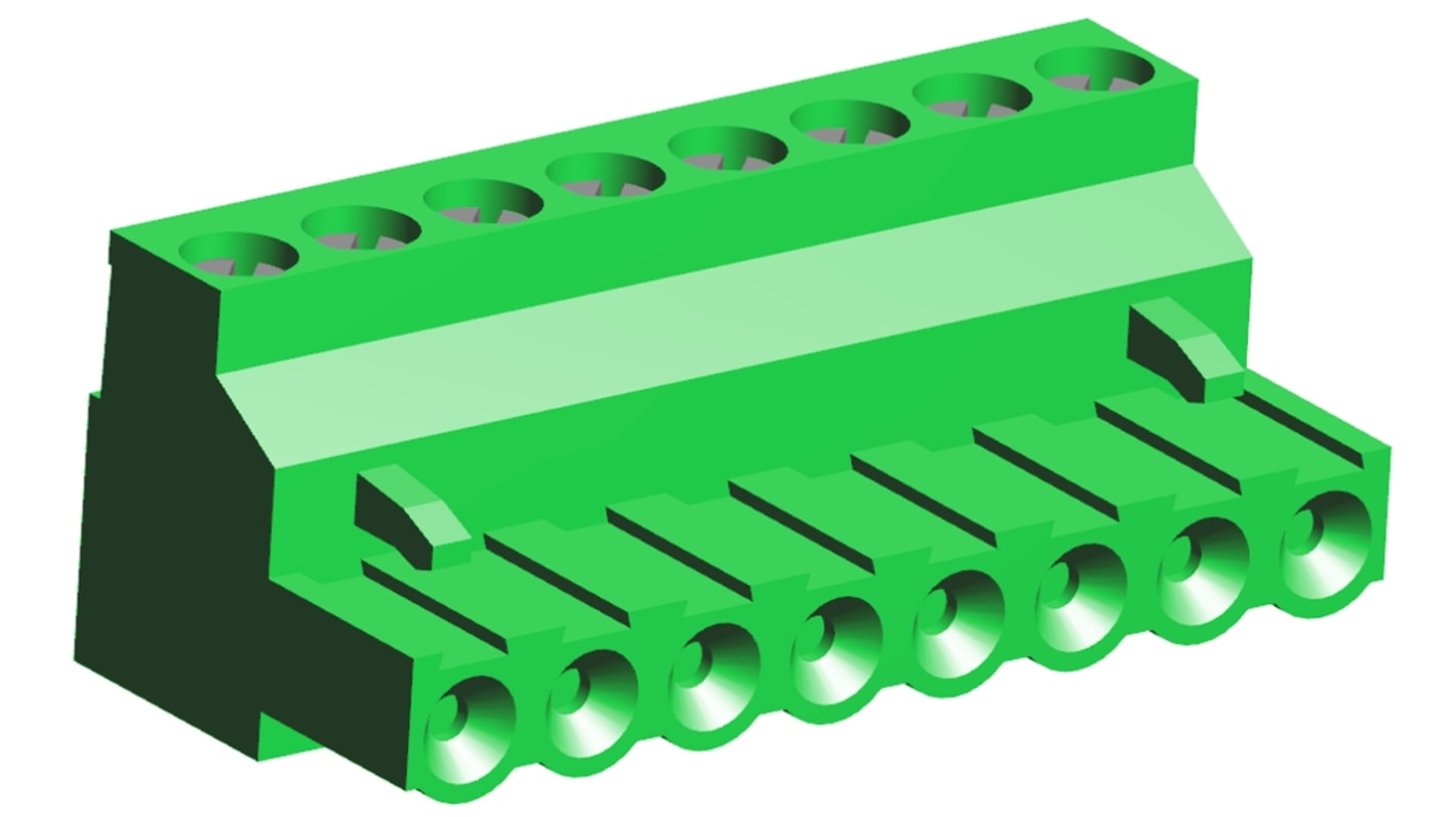 Borne enchufable para PCB Ángulo recto TE Connectivity de 8 vías , paso 5mm, 15A, de color Verde, montaje de cable,