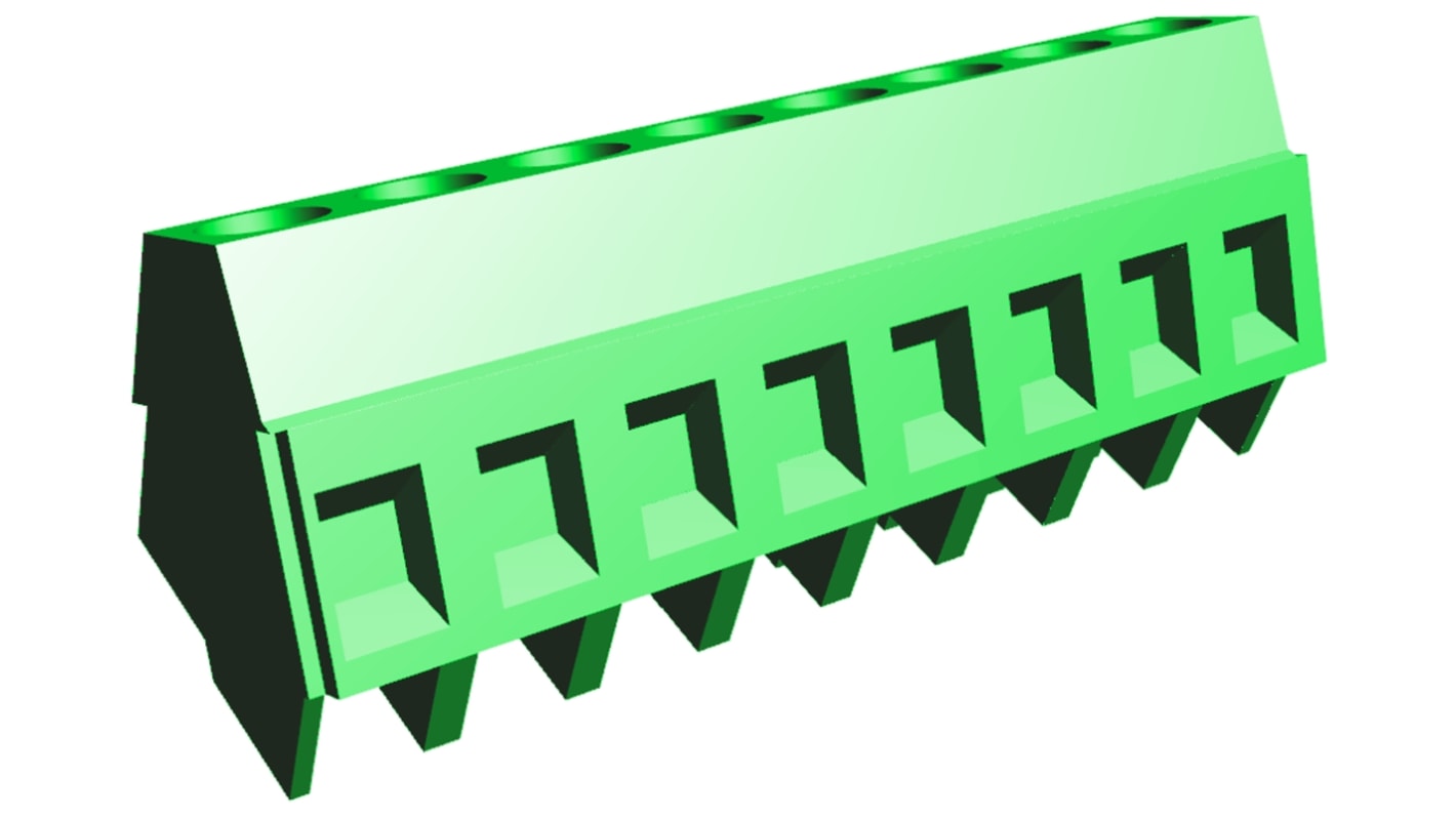 Borne para PCB Hembra en ángulo TE Connectivity de 8 vías , paso 5.08mm, 17.5A, de color Verde, montaje Montaje en