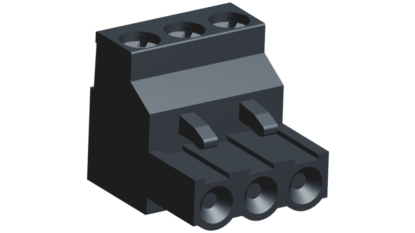 Borne enchufable para PCB Macho Ángulo recto TE Connectivity de 3 vías, paso 5.08mm, 15A, de color Negro, montaje de