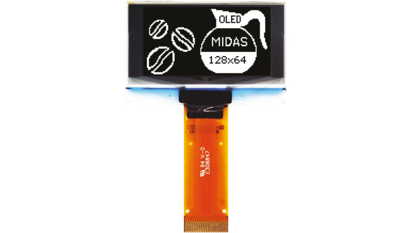 Midas OLED kijelző 1.54in Fehér, Passzív mátrix 128 x 64pixelek, I2C, párhuzamos, SPI interfész