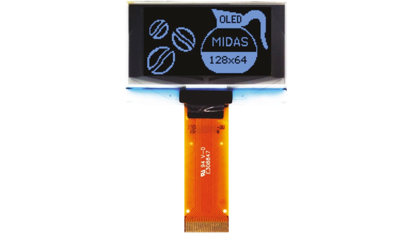 Midas MCOT128064BY-BM, OLED-display, 1.54tommer 128 x 64pixelek Passiv matrix Blå, I2C, parallel, SPI Interface, TAB