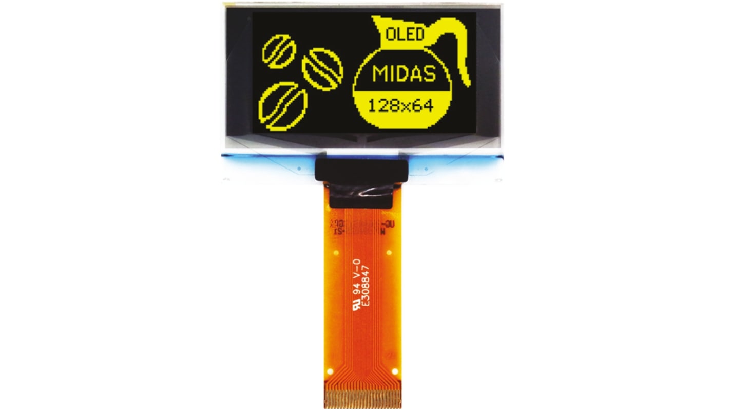 Pantalla OLED pasiva Midas de 1.54plg, res. 128 x 64pixels, Amarillo, interfaz I2C, Paralelo, SPI