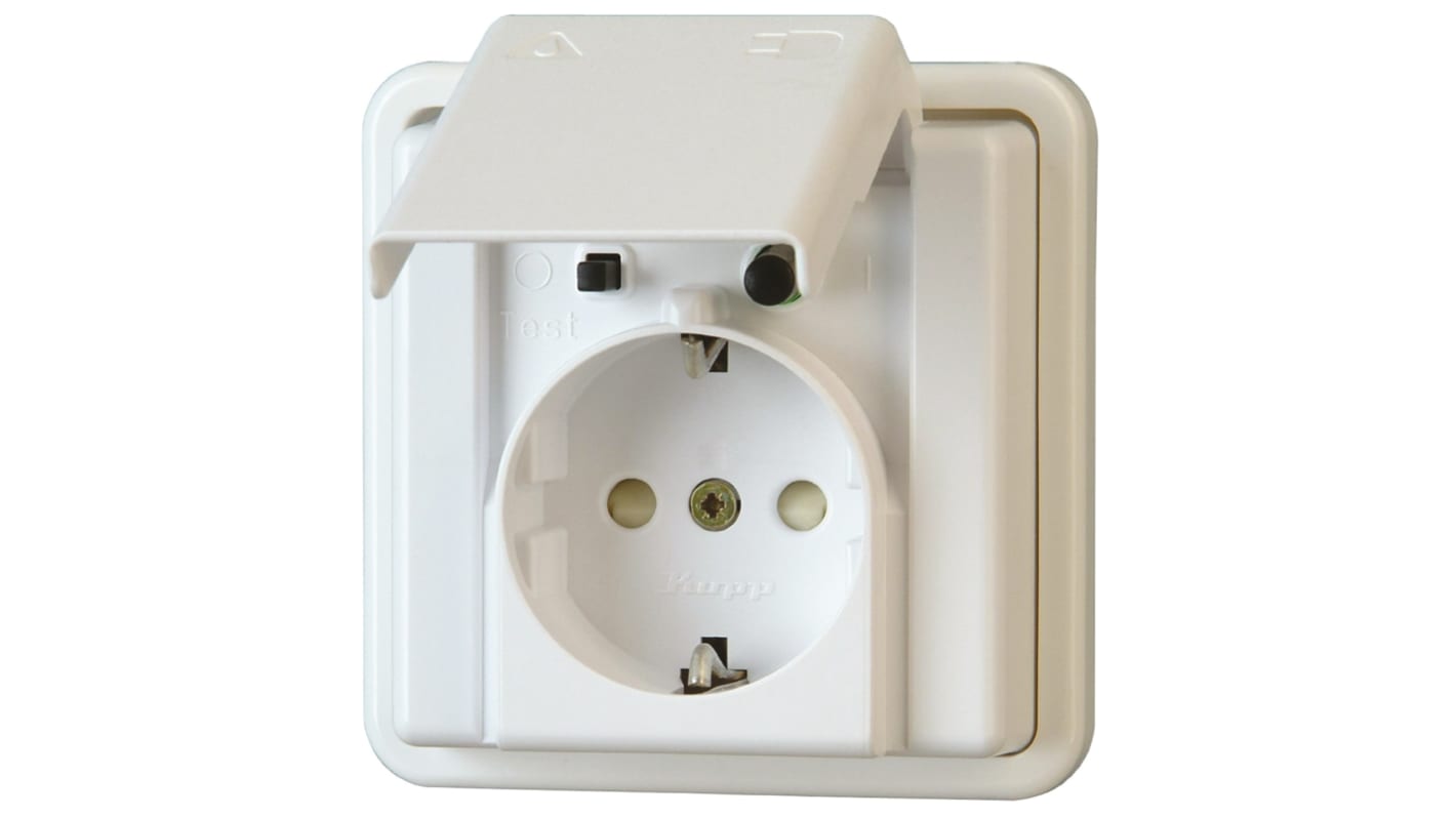 Kopp 16A, Single Gang RCD Socket, Flush Mount, IP44, 250 V, White