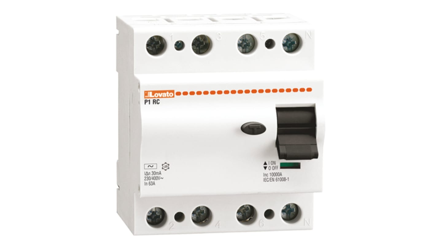Interrupteur différentiel Lovato P1RC, 3P+N Pôles, 63A, 30mA, Type AC