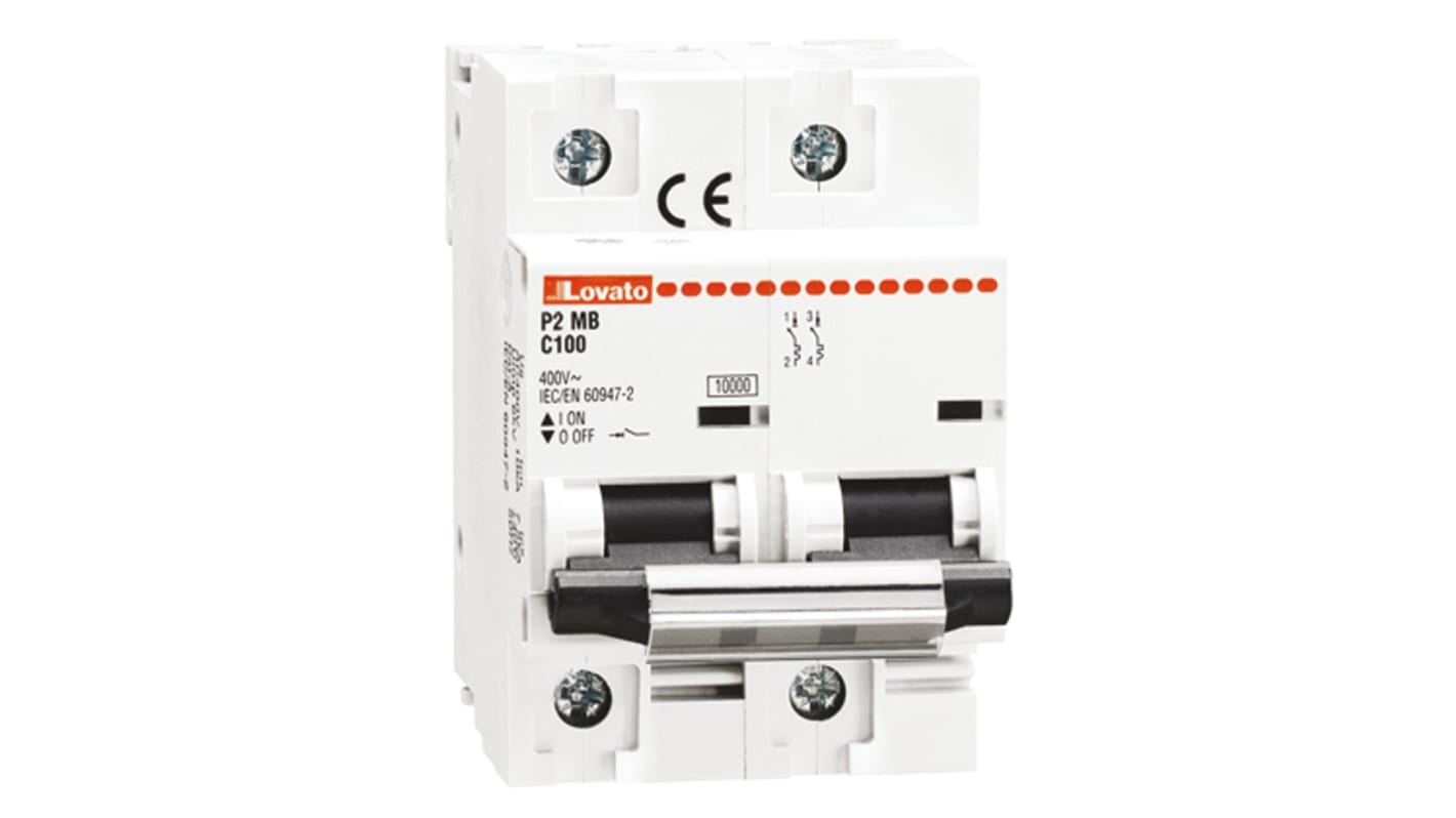 Lovato ModuLo P2MB MCB, 2P, 100A Curve C, 230V AC, 60V DC, 10 kA Breaking Capacity