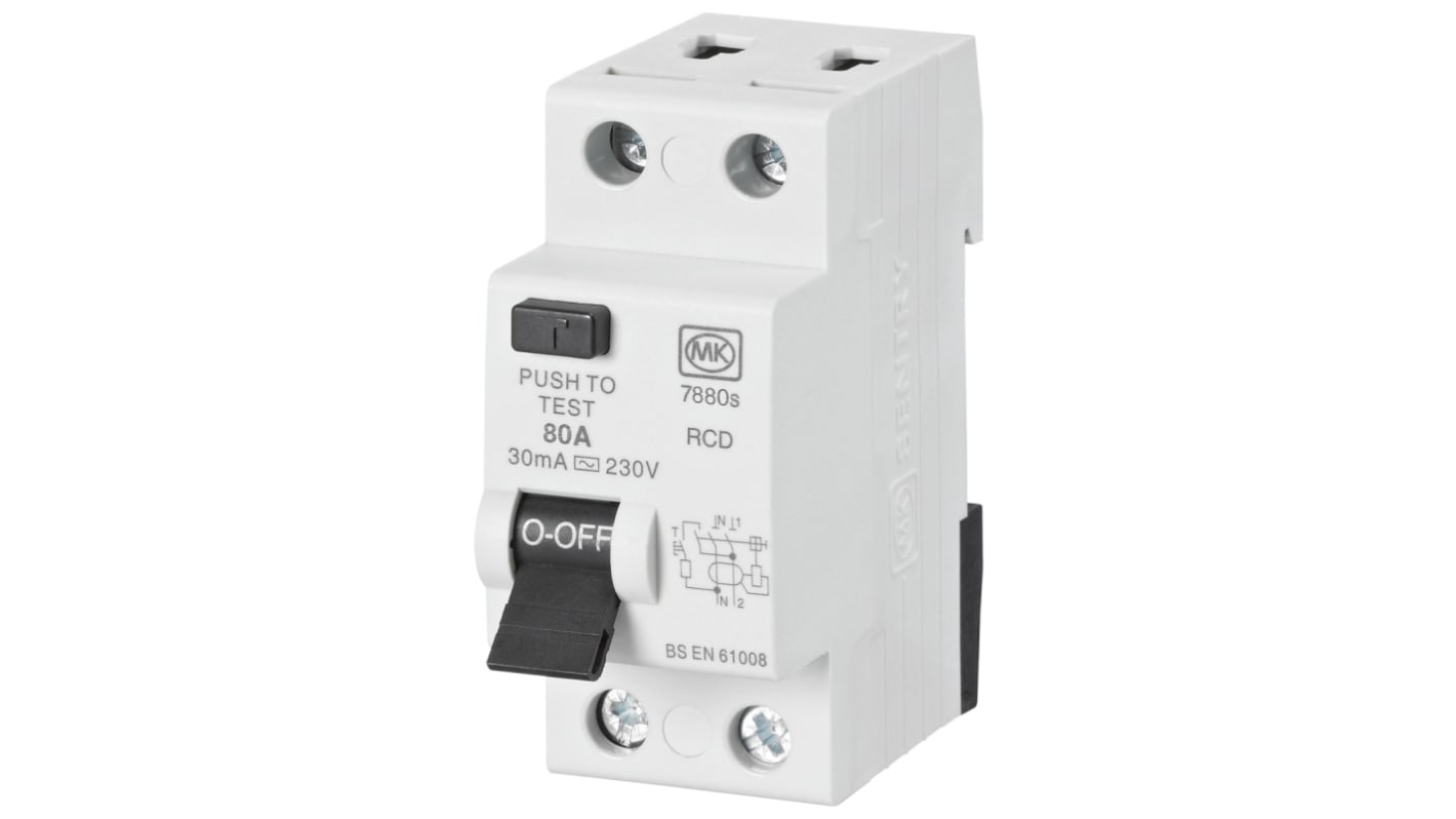 MK Electric RCD/FI-Schalter, 2-polig, 80 A, Empfindlichkeit 30mA, für DIN-Schienen