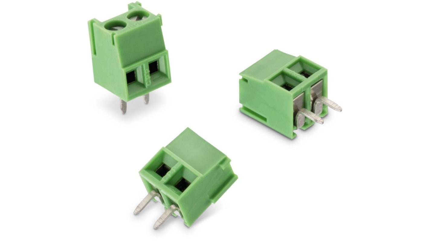 Borne para PCB Hembra Wurth Elektronik de 2 vías , paso 3.5mm, 10A, de color Verde, montaje Montaje en orificio