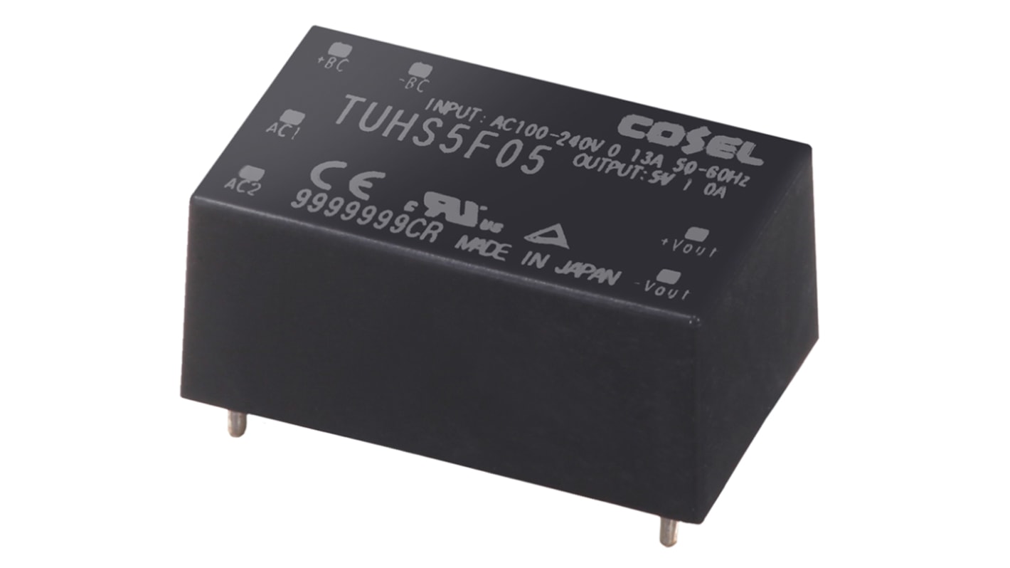 Cosel Switching Power Supply, TUHS5F05, 5V dc, 1A, 5W, 1 Output, 85 → 264V ac Input Voltage