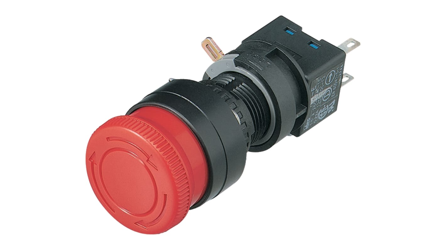 Idec Push Button Switch, Latching, Panel Mount, 16.2mm Cutout, DPDT, 250V ac/dc, IP65