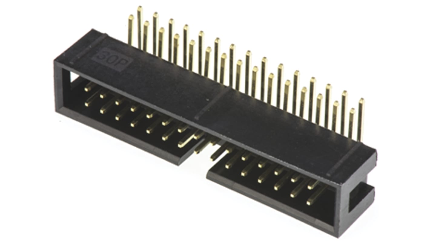 Conector macho para PCB Ángulo de 90° Amphenol ICC serie T821 de 30 vías, 2 filas, paso 2.54mm, para soldar, Montaje en