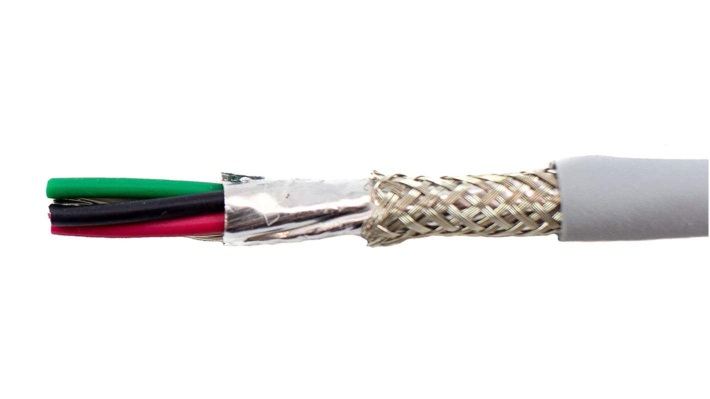 Alpha Wire Ecogen Ecocable Mini Control Cable, 4 Cores, 0.24 mm², ECO, Screened, 30m, Grey mPPE Sheath, 24 AWG