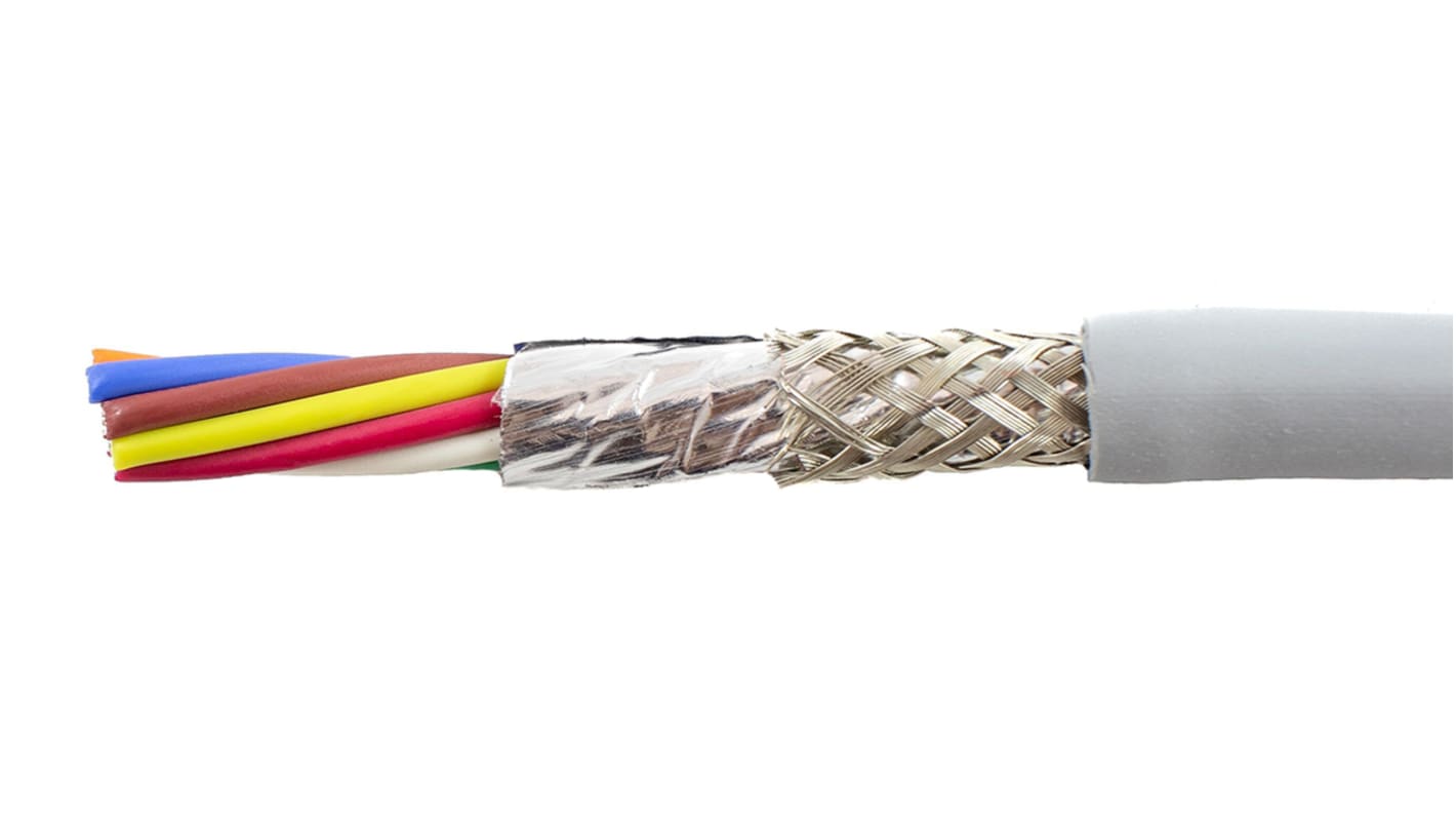 Alpha Wire Ecogen Ecocable Mini Control Cable, 8 Cores, 0.38 mm², ECO, Screened, 30m, Grey mPPE Sheath, 22 AWG