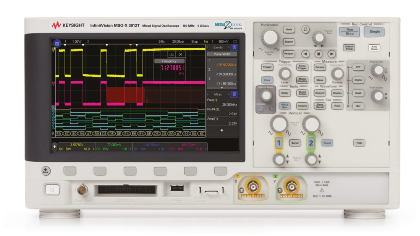 Osciloscopio de banco Keysight Technologies MSOX3024T, calibrado UKAS, canales:4 A, 16 D, 200MHZ, pantalla de 8.5plg,