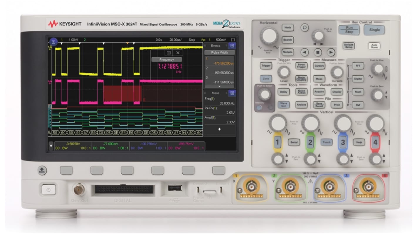 Osciloscopio de banco Keysight Technologies MSOX3024T, canales:4 A, 16 D, 200MHZ, pantalla de 8.5plg, interfaz CAN,