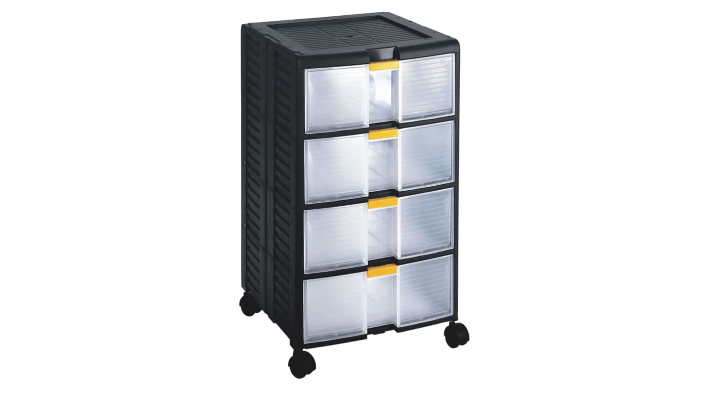 RS PRO 4 Drawer Storage Unit, PP, 629mm x 391mm x 390mm, Black