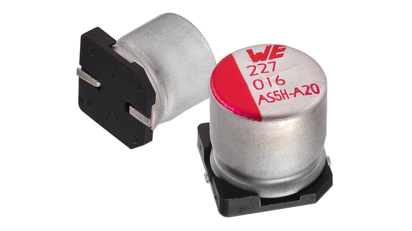 Condensador electrolítico Wurth Elektronik serie WCAP-ASLI, 150μF, ±20%, 16V dc, mont. SMD, 8 (Dia.) x 6.35mm, paso