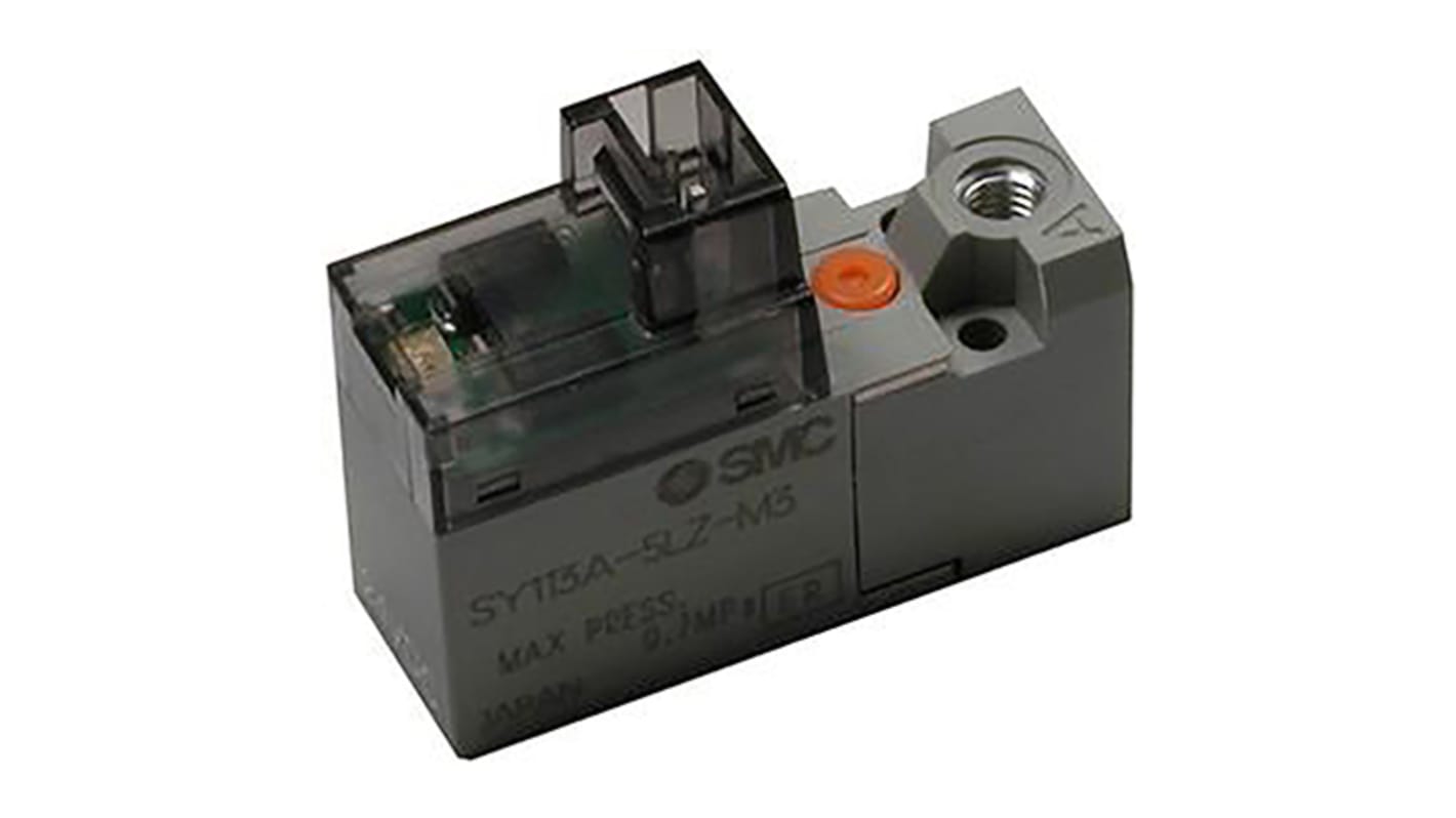 Electrodistributeur pneumatique SMC serie SY100 fonction 3/2, Bobine/Ressort, Métrique M3, 24V c.c.