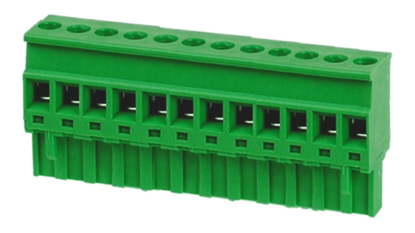 Bloque de terminal PCB Hembra Ángulo recto RS PRO de 12 vías, paso 5mm, 15A, de color Verde, montaje Montaje en