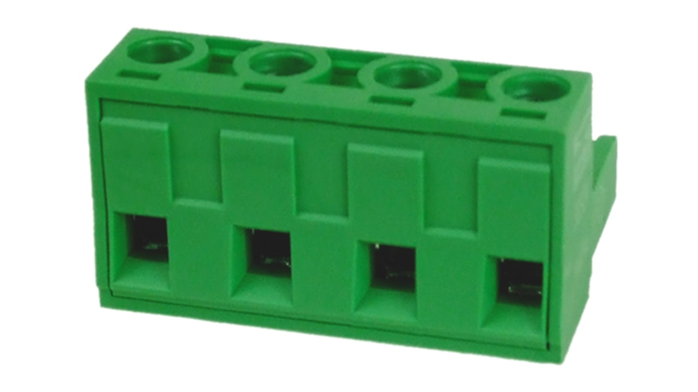 Bloque de terminal PCB Hembra Ángulo recto RS PRO de 4 vías, paso 7.62mm, 15A, de color Verde, montaje Montaje en