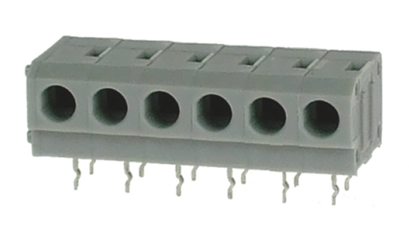 Bloque de terminal PCB Hembra Ángulo recto RS PRO de 6 vías, paso 5mm, 10A, de color Gris, montaje Montaje en orificio