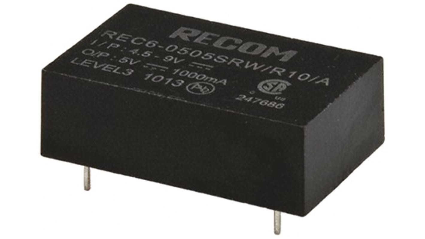 Recom REC6 DC-DC Converter, 5V dc/ 1A Output, 4.5 → 9 V dc Input, 6W, Through Hole, +75°C Max Temp -40°C Min Temp
