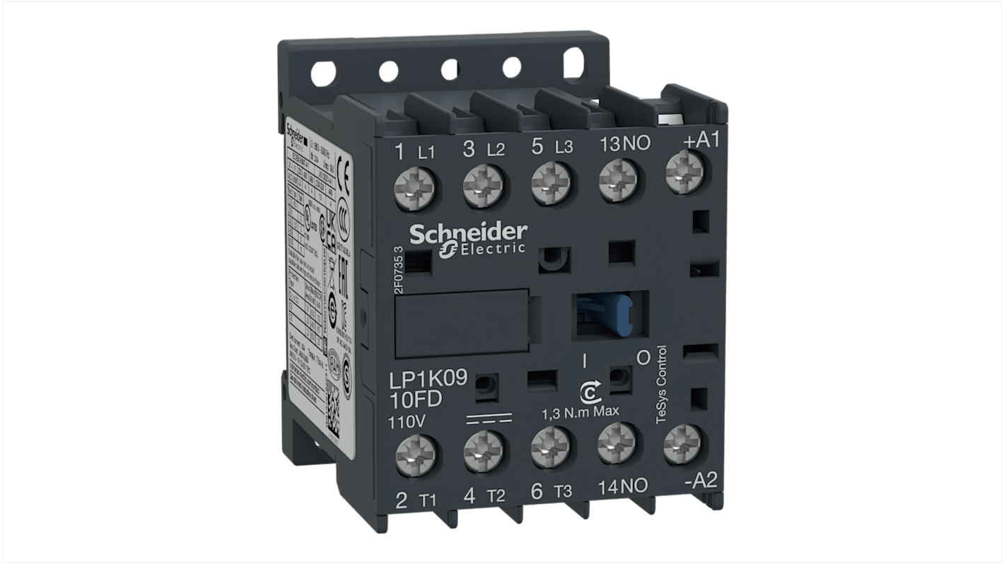 Contattore Schneider Electric, serie LP1K, 3 poli, 3 NO, 20 A, 4 kW, bobina 110 V c.c.