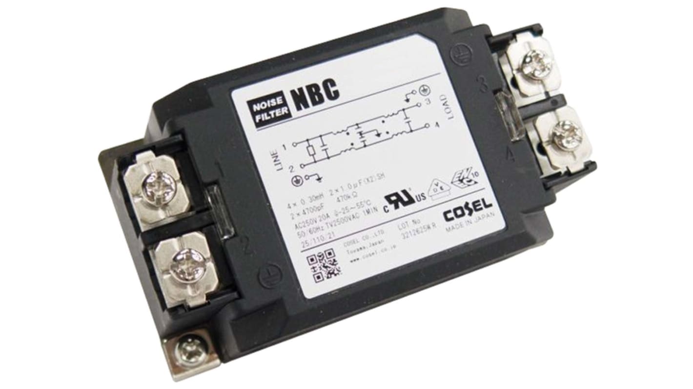 Cosel, NBC 16A 250 V ac/dc 150 kHz → 1MHz, DIN Rail RFI Filter, Screw, Single Phase