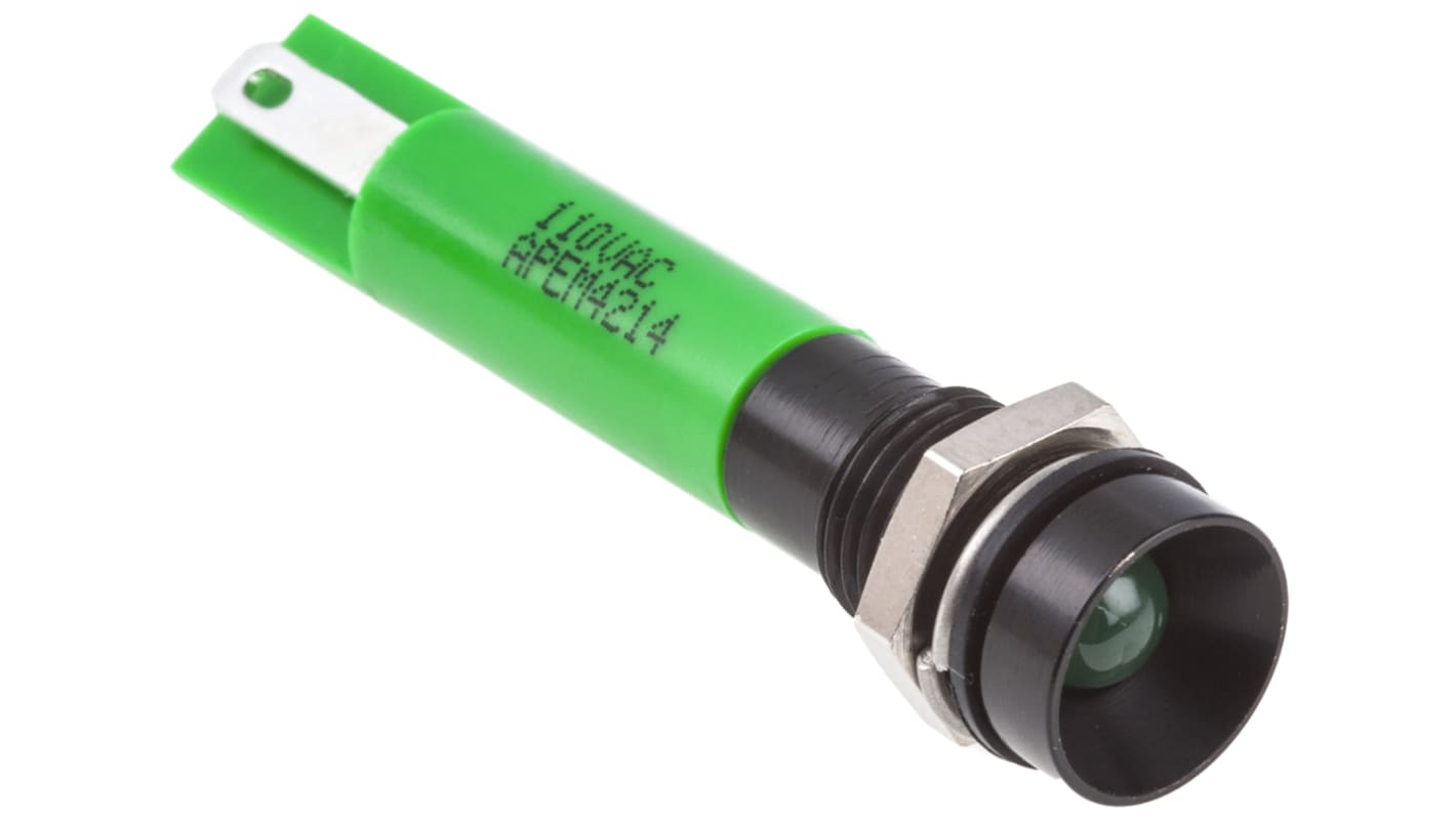 Indicatore da pannello RS PRO Verde  a LED, 110V ca, IP67, Ad incasso, foro da 8mm