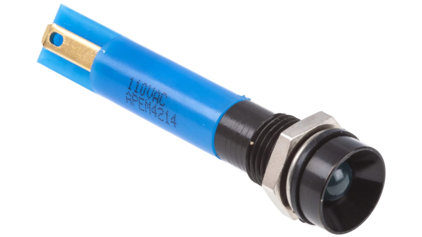 Indicador LED RS PRO, Azul, lente rebajada, Ø montaje 8mm, 110V ac, 6mA, 1600mcd, IP67