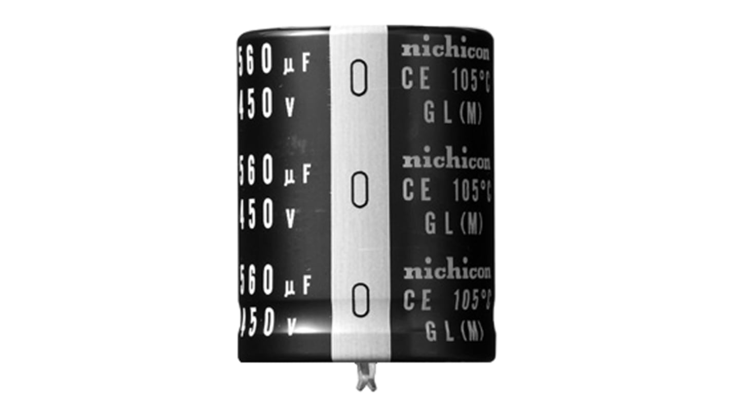 Condensador electrolítico Nichicon serie GL, 330μF, ±20%, 400V dc, de encaje a presión, 25 (Dia.) x 35mm, paso 10mm
