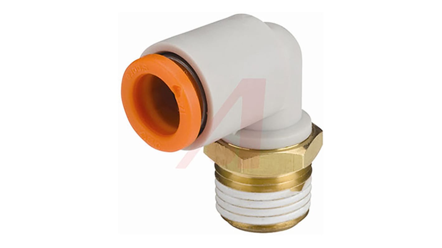 SMC KQ2 Series Elbow Threaded Adaptor, NPT 1/8 Male to Push In 1/4 in, Threaded-to-Tube Connection Style