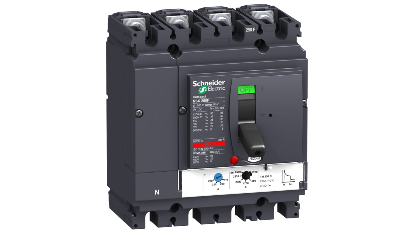 MCCB Schneider Electric, 4 Polos, 250A, Capacidad de Ruptura 90 kA, Montaje fijo, Gama NSX, LV4