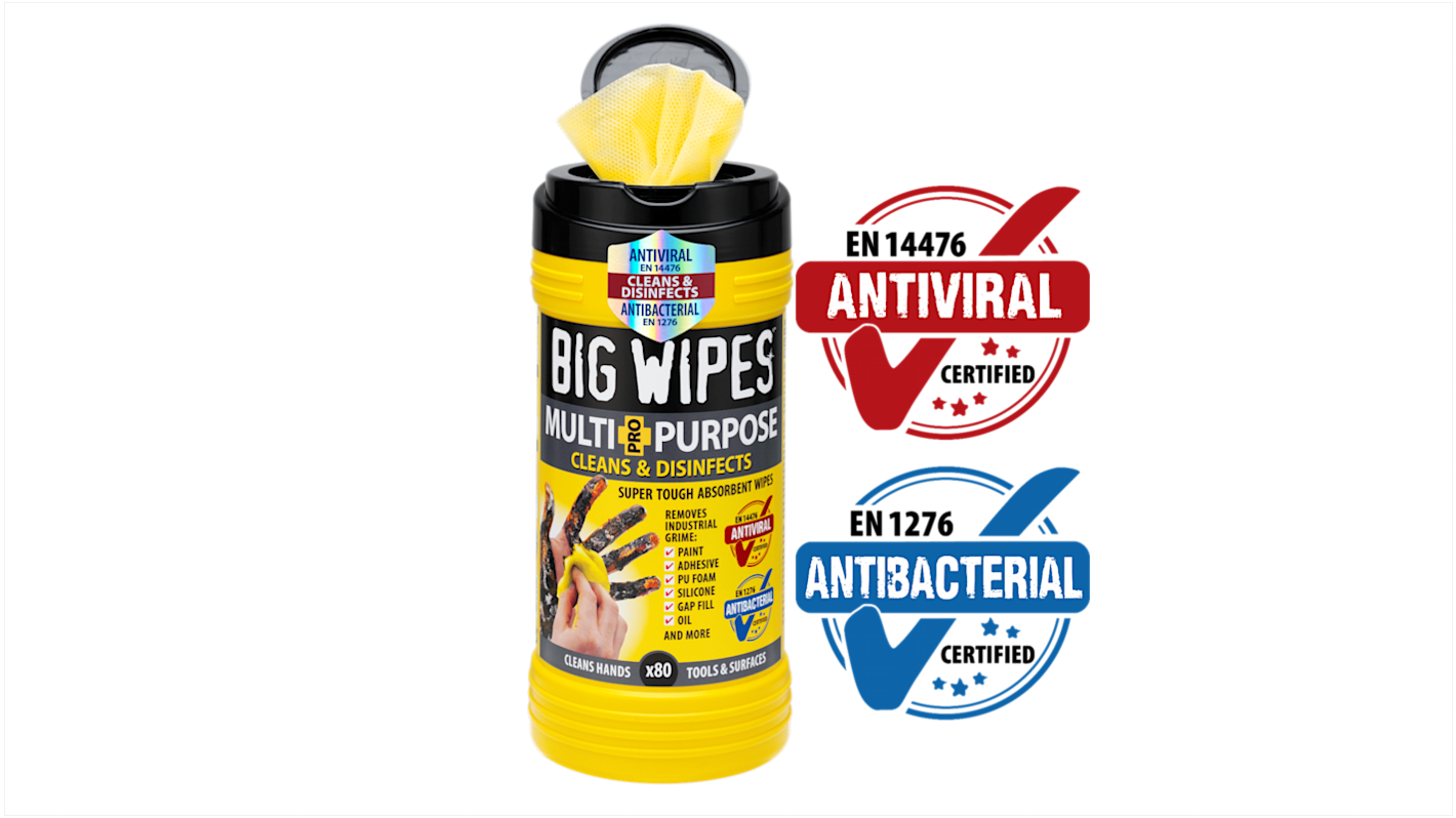 Toallitas desechables para Limpieza multiuso Big Wipes MULTI-PURPOSE PRO+ de color Amarillo, en Caja dispensadora de 80