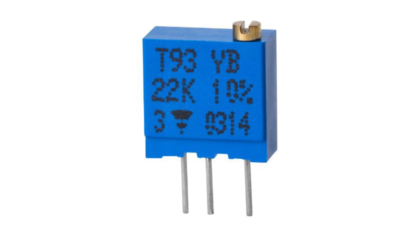 Potenciómetro para PCB Vishay serie T93, 100kΩ máximo, ±10%, ±100ppm/°C, 0.5W, vueltas: 21 (eléctrico), 23 (mecánico),