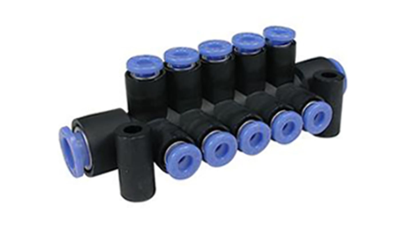 Manifold SMC, serie KM16, 2 ingresso A pressione 6 mm, 3 uscite A pressione 6 mm, in PBT 1 MPa, 3 MPa (prova)