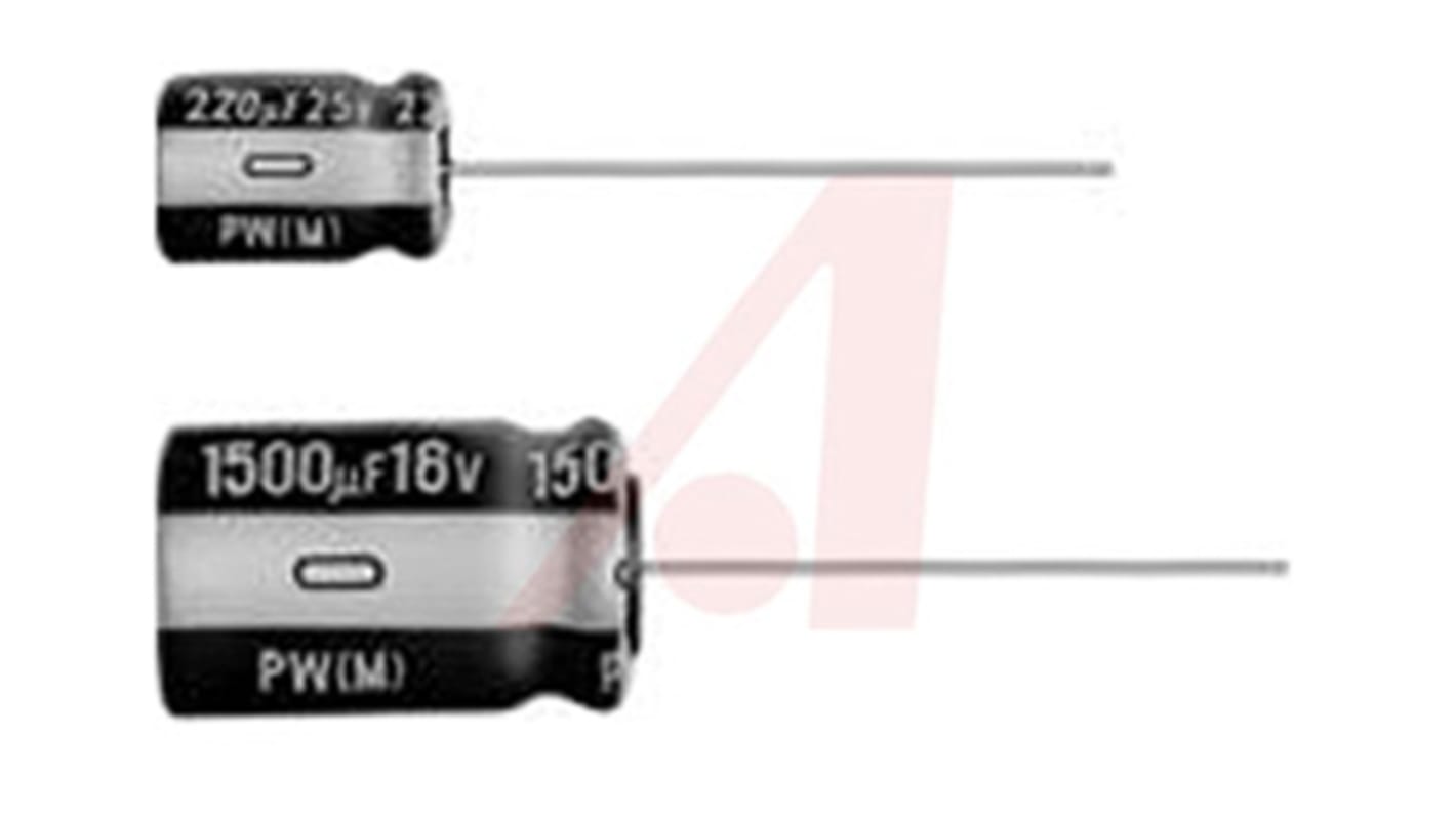 Condensador electrolítico Nichicon serie PW, 22μF, ±20%, 25V dc, Radial, Orificio pasante, 5 (Dia.) x 7mm, paso 2mm