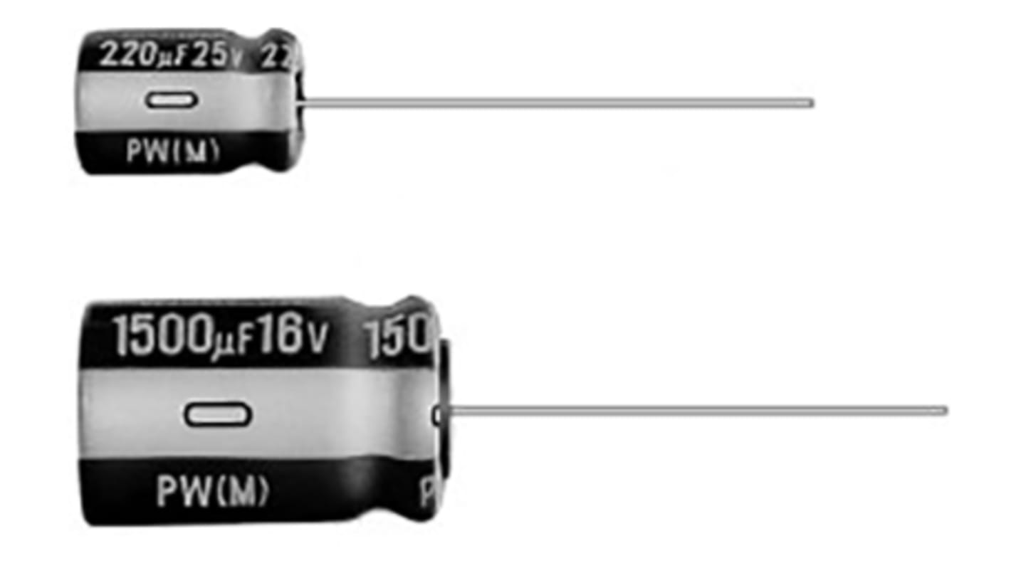 Condensador electrolítico Nichicon serie PW, 2200μF, ±20%, 35V dc, Radial, Orificio pasante, 18 (Dia.) x 25mm, paso