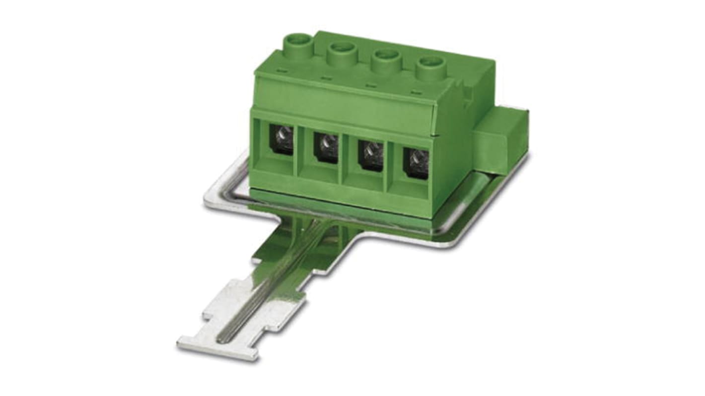 Borne enchufable para PCB Ángulo recto Phoenix Contact de 4 vías , paso 15mm, 125A, de color Verde, montaje de cable,