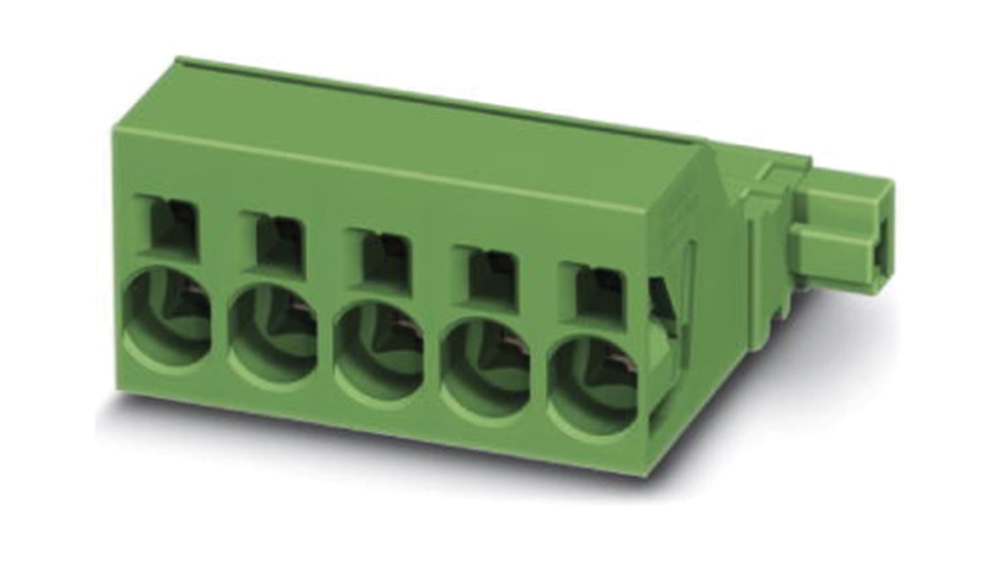 Borne enchufable para PCB Hembra Phoenix Contact de 5 vías, paso 10.16mm, 76A, de color Verde, terminación Mordaza de