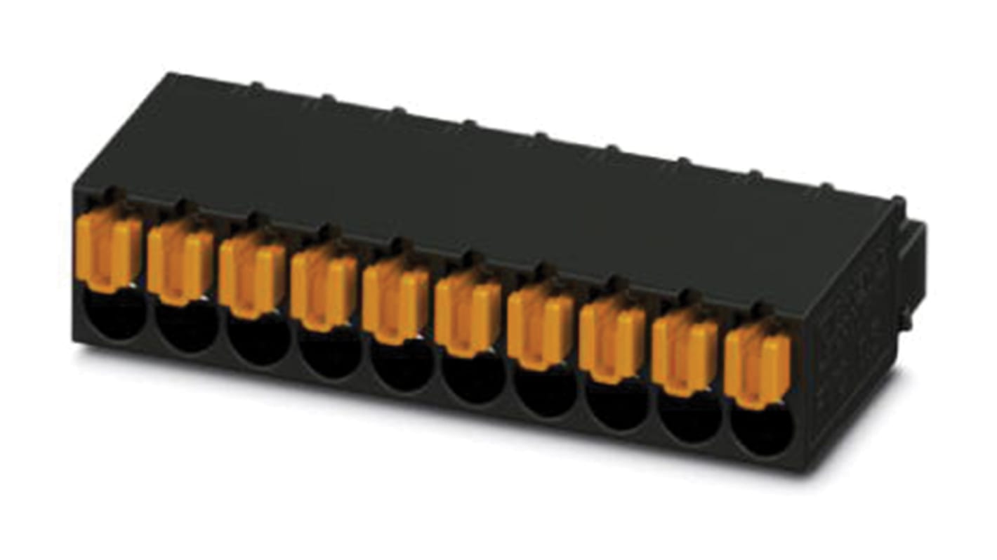 Borne para PCB Hembra Phoenix Contact de 10 vías, paso 2.54mm, 6A, de color Negro, terminación Mordaza de sujeción